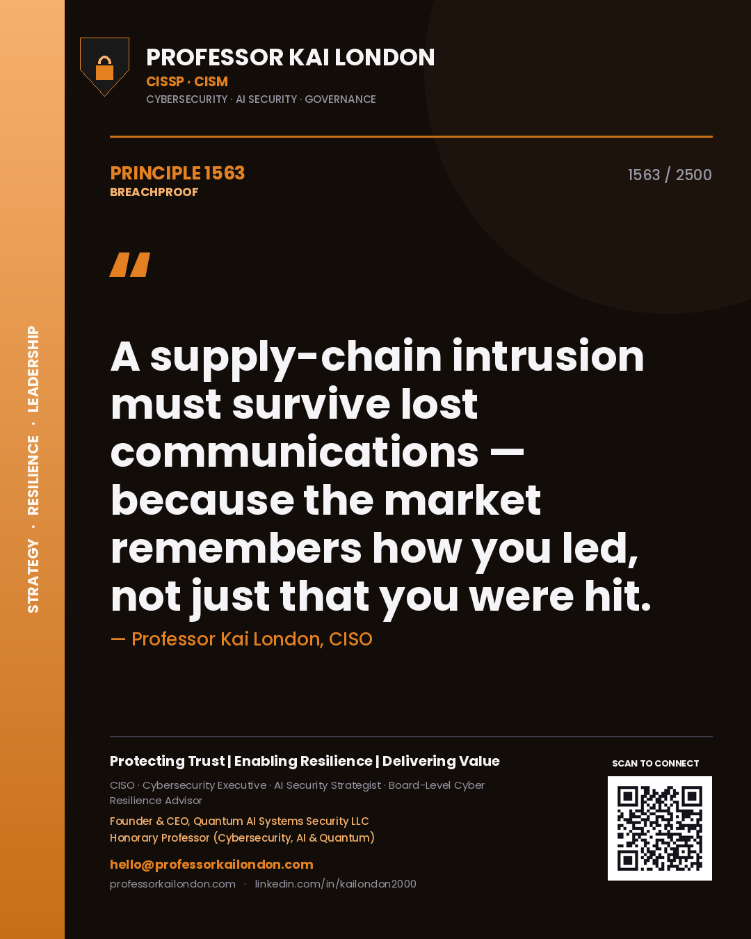Quote card by Professor Kai London reading 'A supply-chain intrusion must survive lost communications — because the market remembers how you led, not just that you were hit.'. From the book Breachproof.