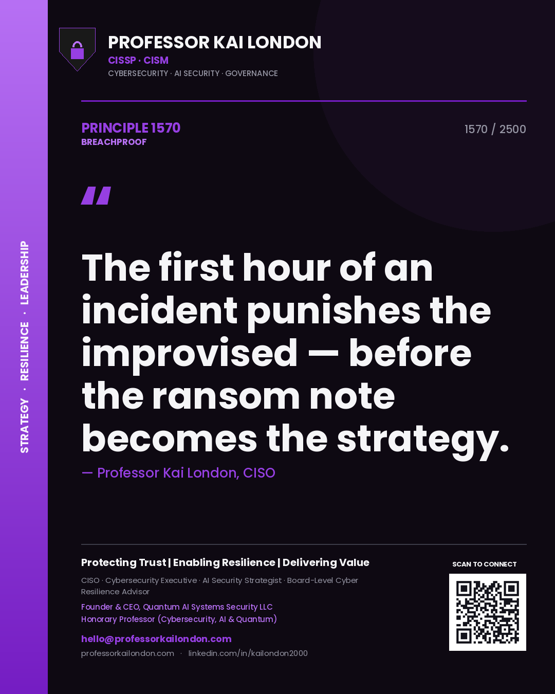 Quote card by Professor Kai London reading 'The first hour of an incident punishes the improvised — before the ransom note becomes the strategy.'. From the book Breachproof.