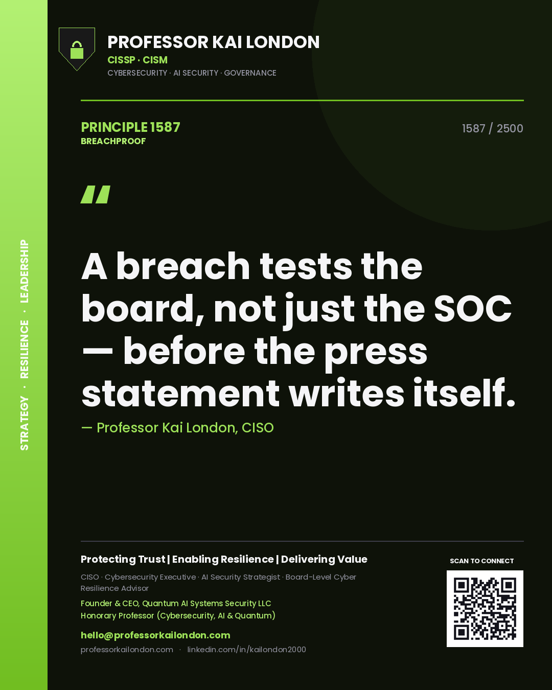 Quote card by Professor Kai London reading 'A breach tests the board, not just the SOC — before the press statement writes itself.'. From the book Breachproof.