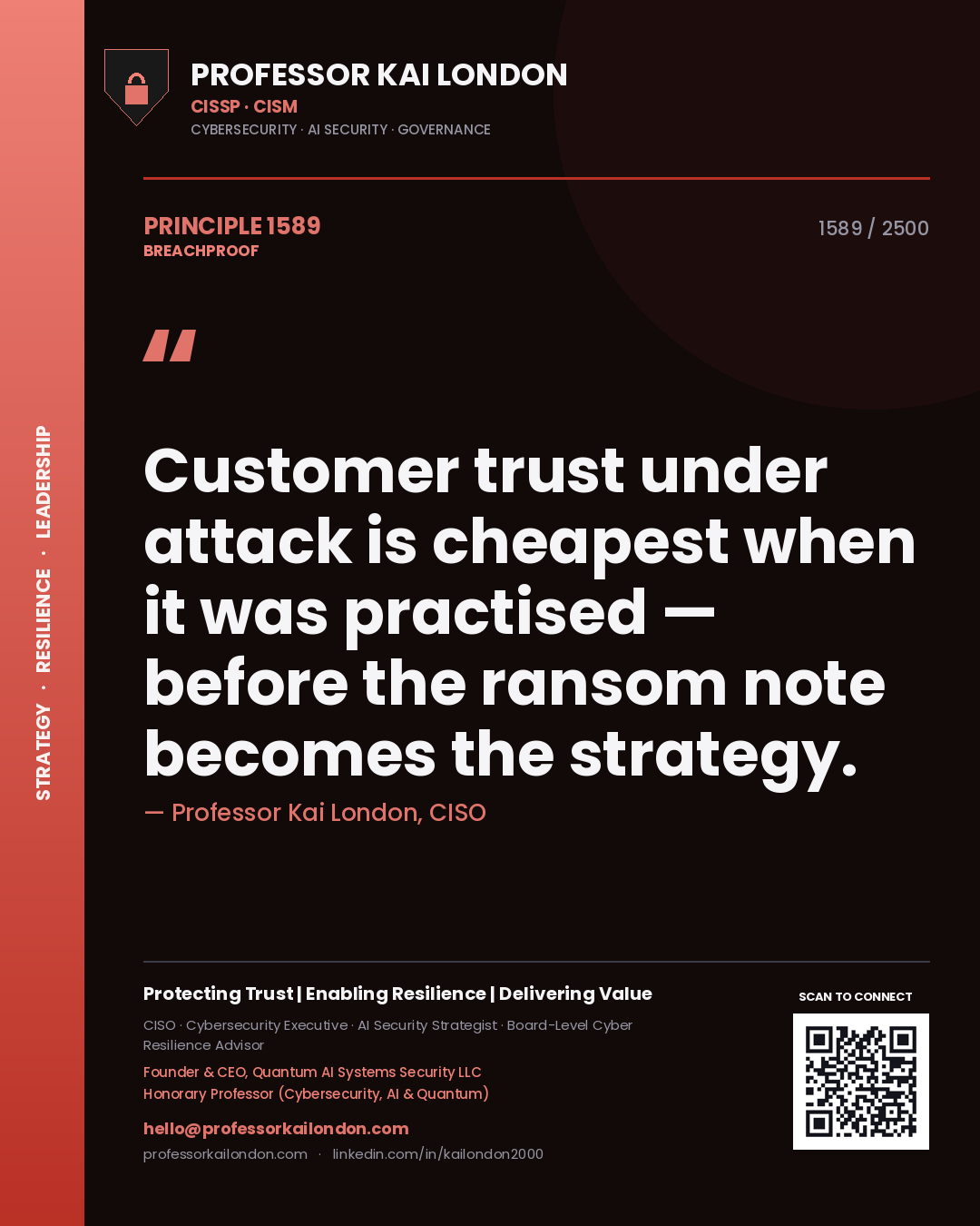 Quote card by Professor Kai London reading 'Customer trust under attack is cheapest when it was practised — before the ransom note becomes the strategy.'. From the book Breachproof.