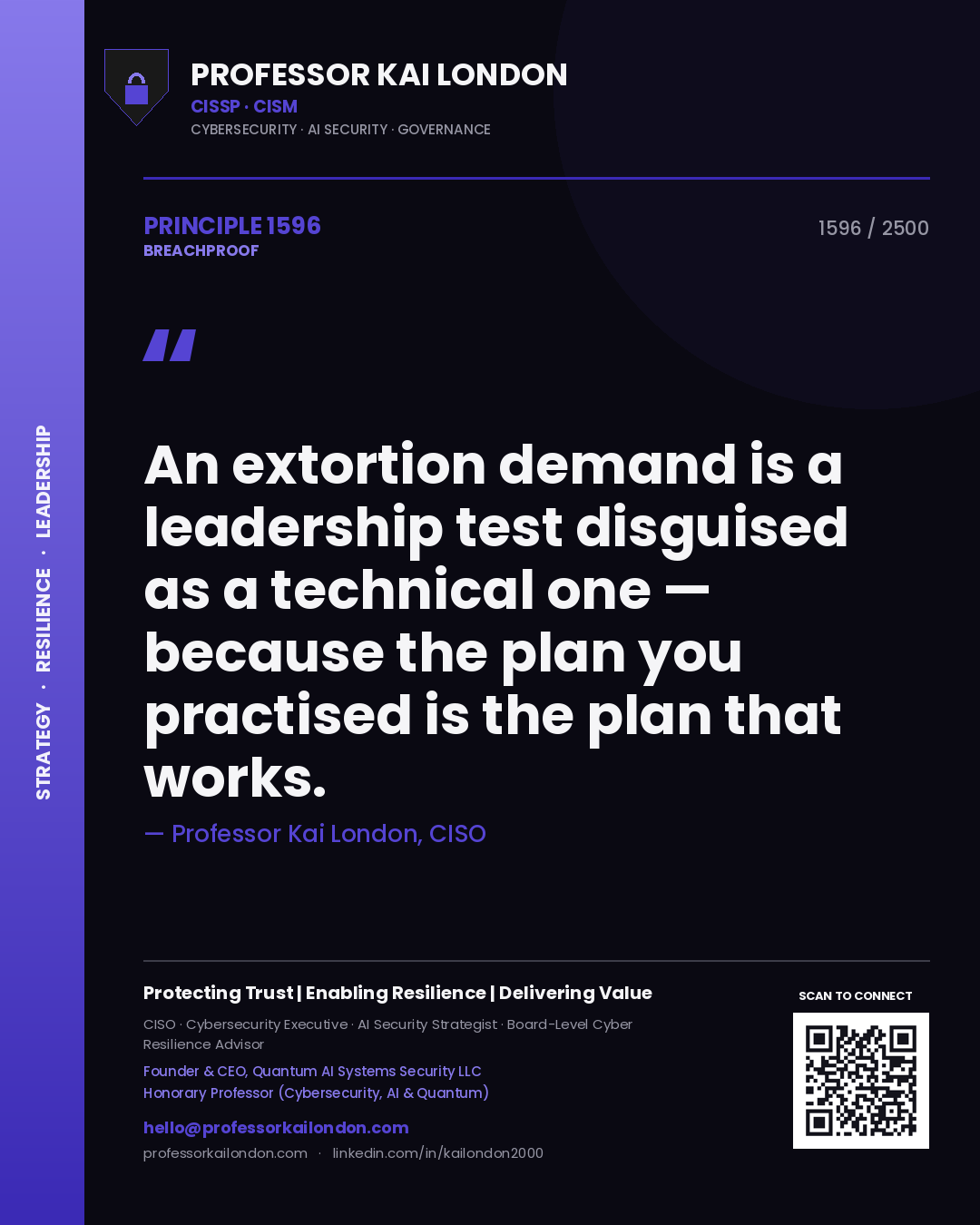 Professor Kai London principle 1596: An extortion demand is a leadership test disguised as a technical one — because the plan you practised is the plan that works.