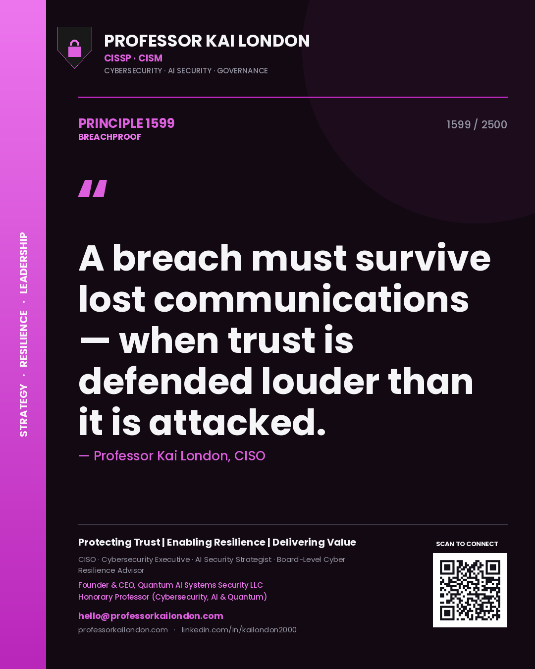 Quote card by Professor Kai London reading 'A breach must survive lost communications — when trust is defended louder than it is attacked.'. From the book Breachproof.