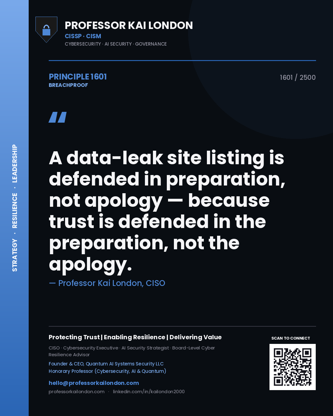 Quote card by Professor Kai London reading 'A data-leak site listing is defended in preparation, not apology — because trust is defended in the preparation, not the apology.'. From the book Breachproof.