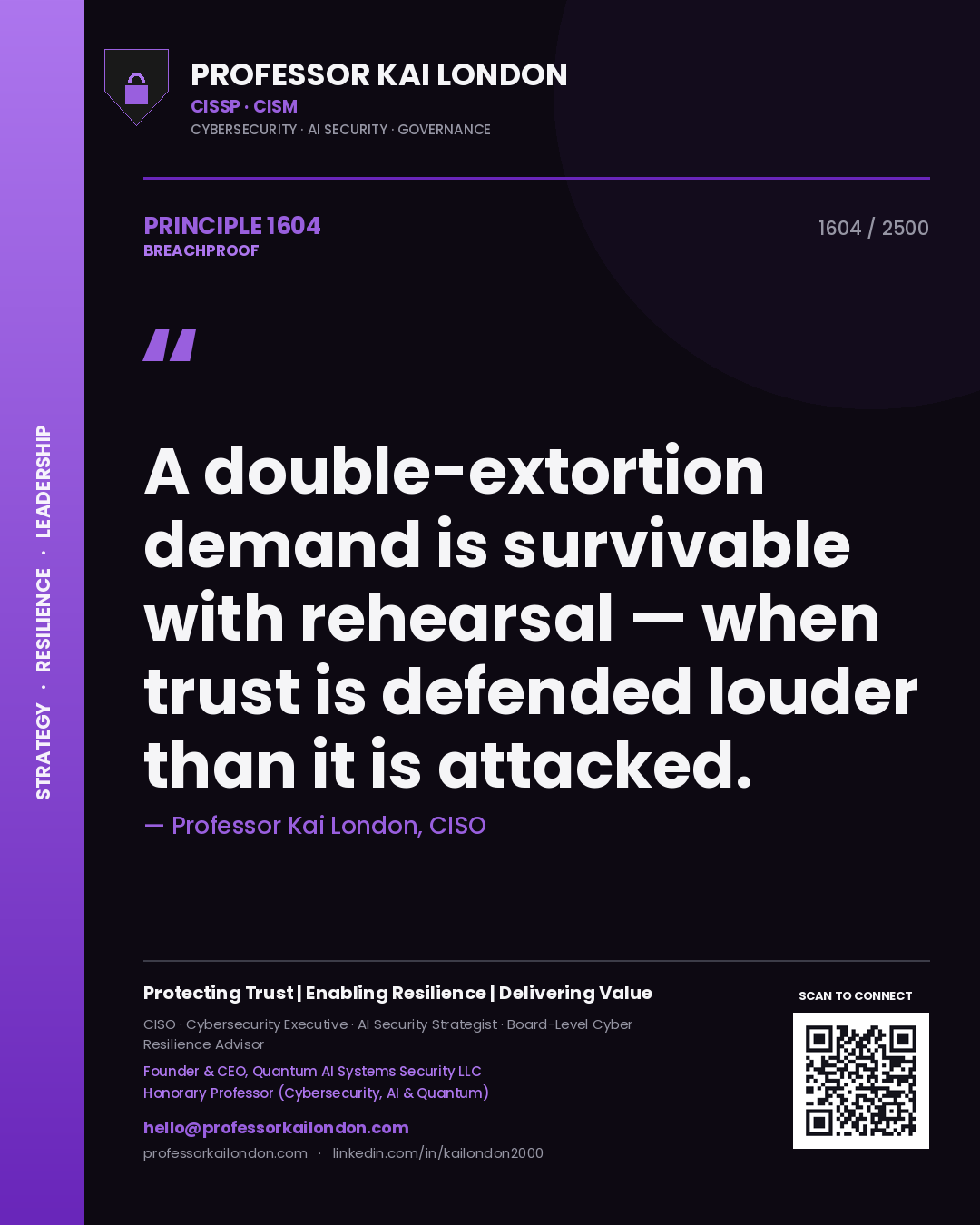 Quote card by Professor Kai London reading 'A double-extortion demand is survivable with rehearsal — when trust is defended louder than it is attacked.'. From the book Breachproof.