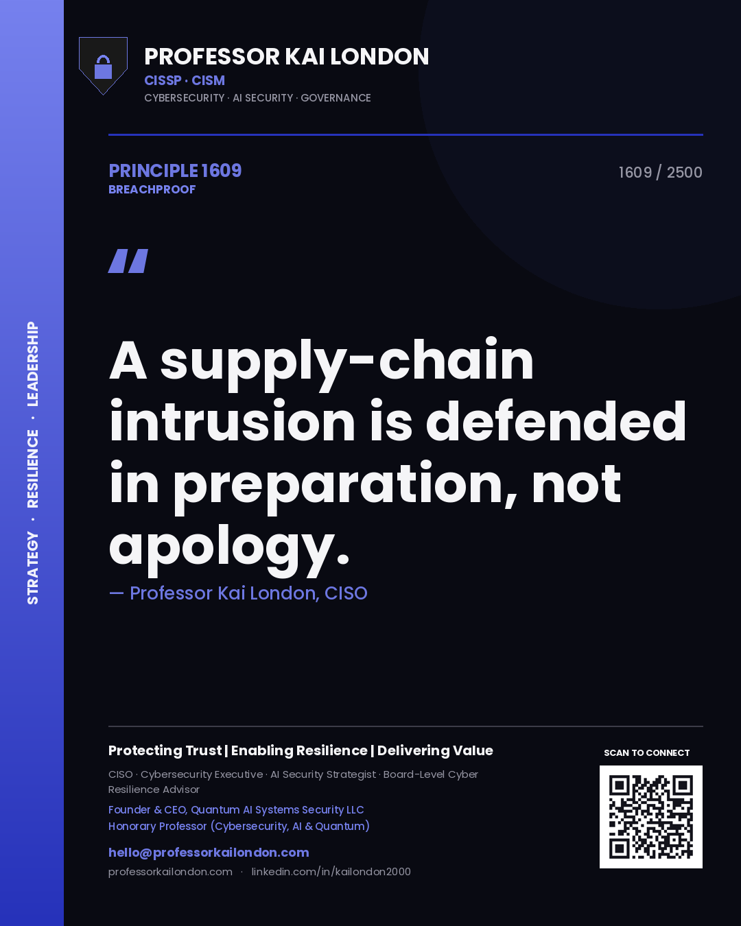 Quote card by Professor Kai London reading 'A supply-chain intrusion is defended in preparation, not apology.'. From the book Breachproof.