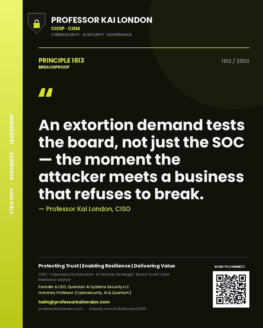 Quote card by Professor Kai London reading 'An extortion demand tests the board, not just the SOC — the moment the attacker meets a business that refuses to break.'. From the book Breachproof.