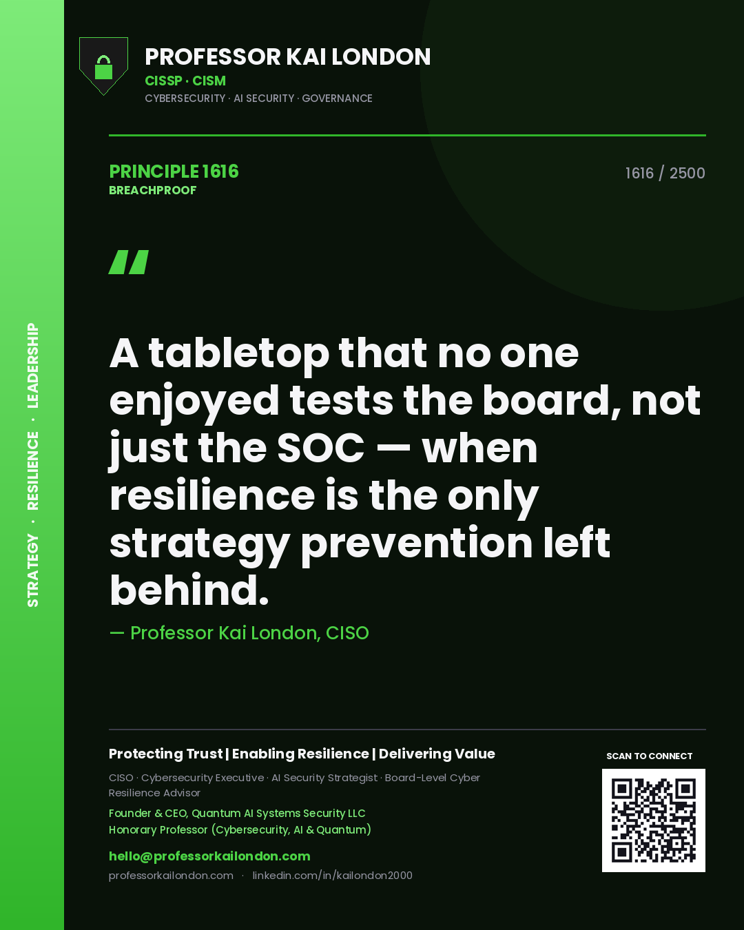 Quote card by Professor Kai London reading 'A tabletop that no one enjoyed tests the board, not just the SOC — when resilience is the only strategy prevention left behind.'. From the book Breachproof.