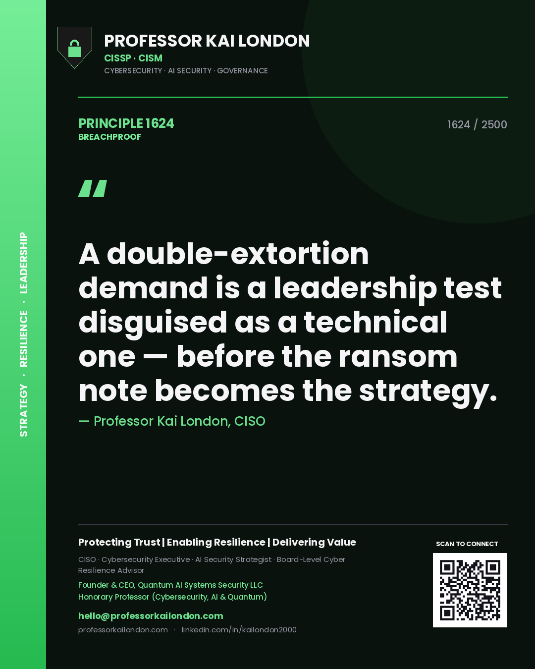 Quote card by Professor Kai London reading 'A double-extortion demand is a leadership test disguised as a technical one — before the ransom note becomes the strategy.'. From the book Breachproof.