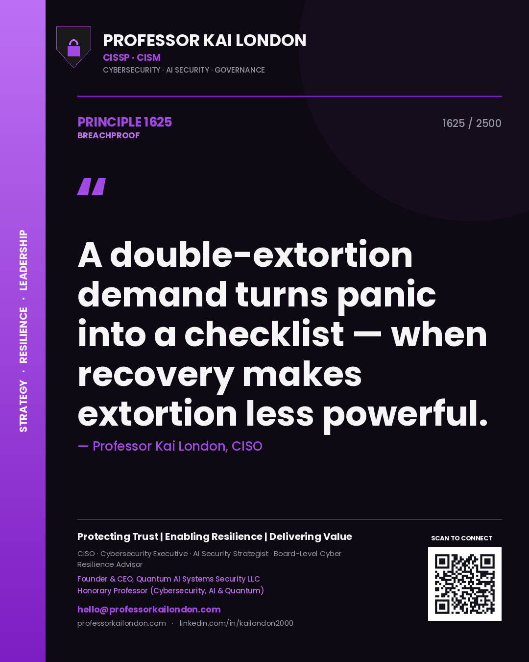 Quote card by Professor Kai London reading 'A double-extortion demand turns panic into a checklist — when recovery makes extortion less powerful.'. From the book Breachproof.