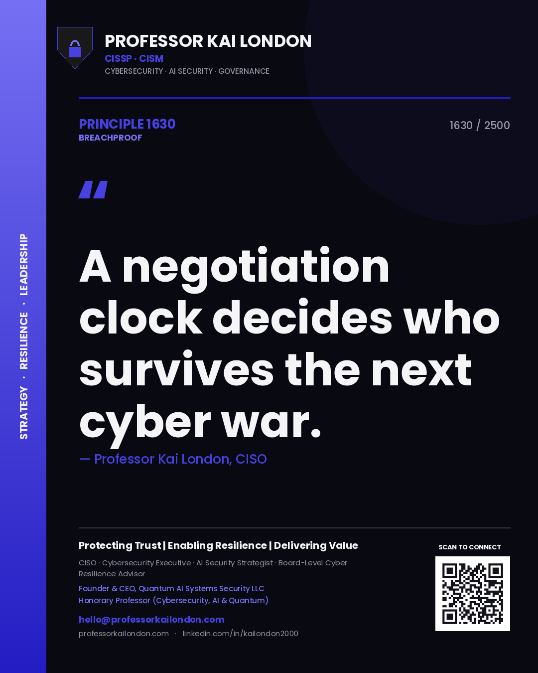 Quote card by Professor Kai London reading 'A negotiation clock decides who survives the next cyber war.'. From the book Breachproof.