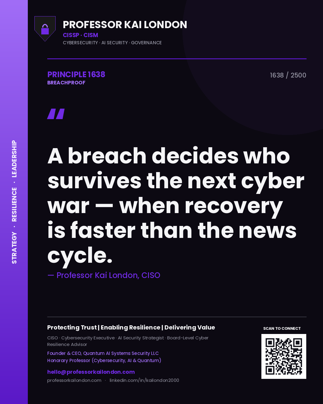Quote card by Professor Kai London reading 'A breach decides who survives the next cyber war — when recovery is faster than the news cycle.'. From the book Breachproof.