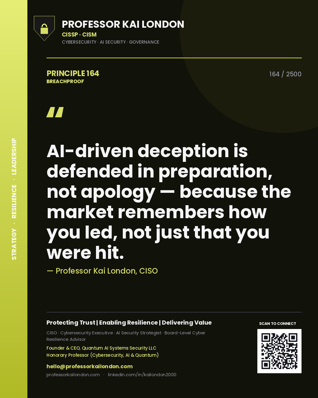 Quote card by Professor Kai London reading 'AI-driven deception is defended in preparation, not apology — because the market remembers how you led, not just that you were hit.'. From the book Breachproof.