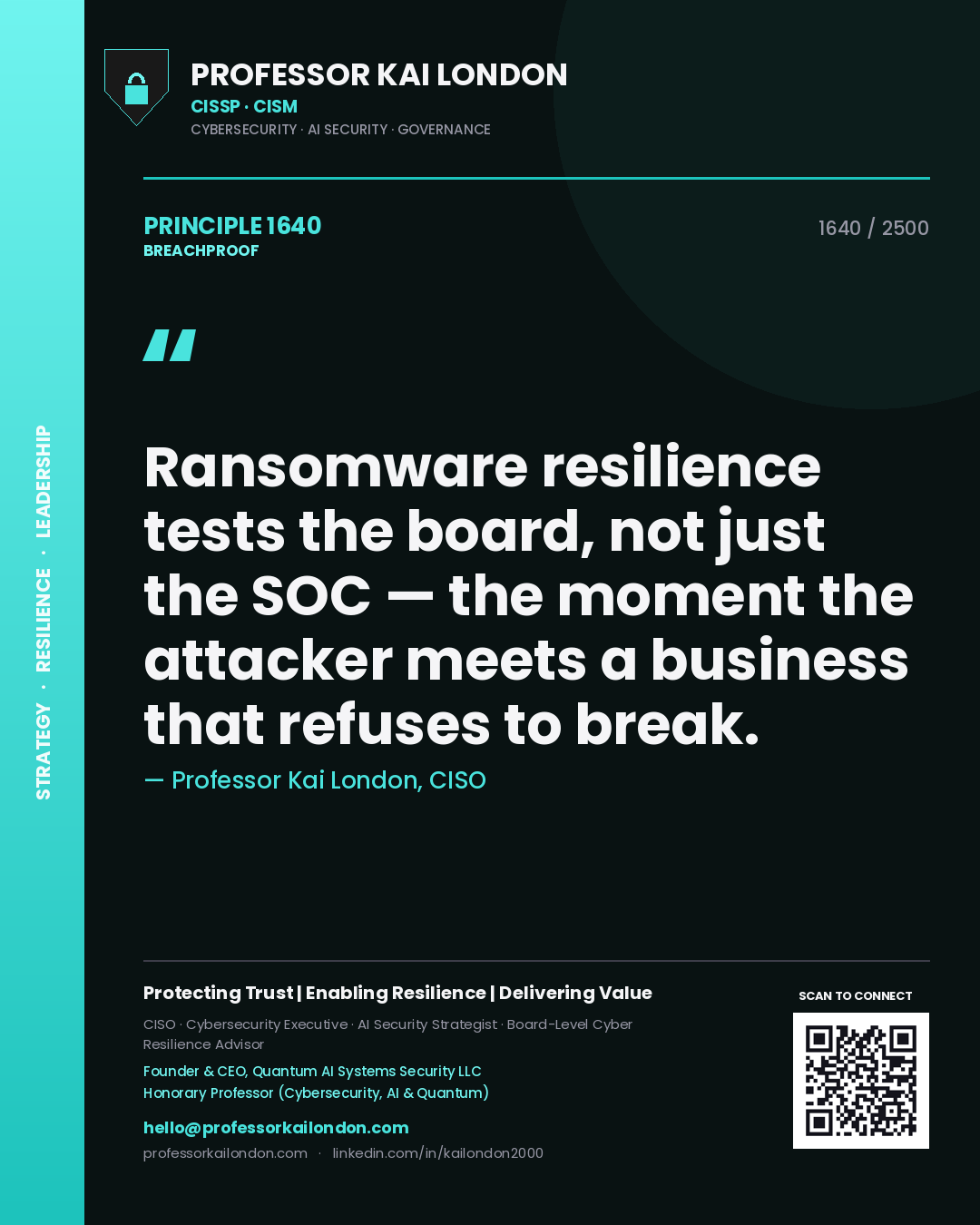 Quote card by Professor Kai London reading 'Ransomware resilience tests the board, not just the SOC — the moment the attacker meets a business that refuses to break.'. From the book Breachproof.
