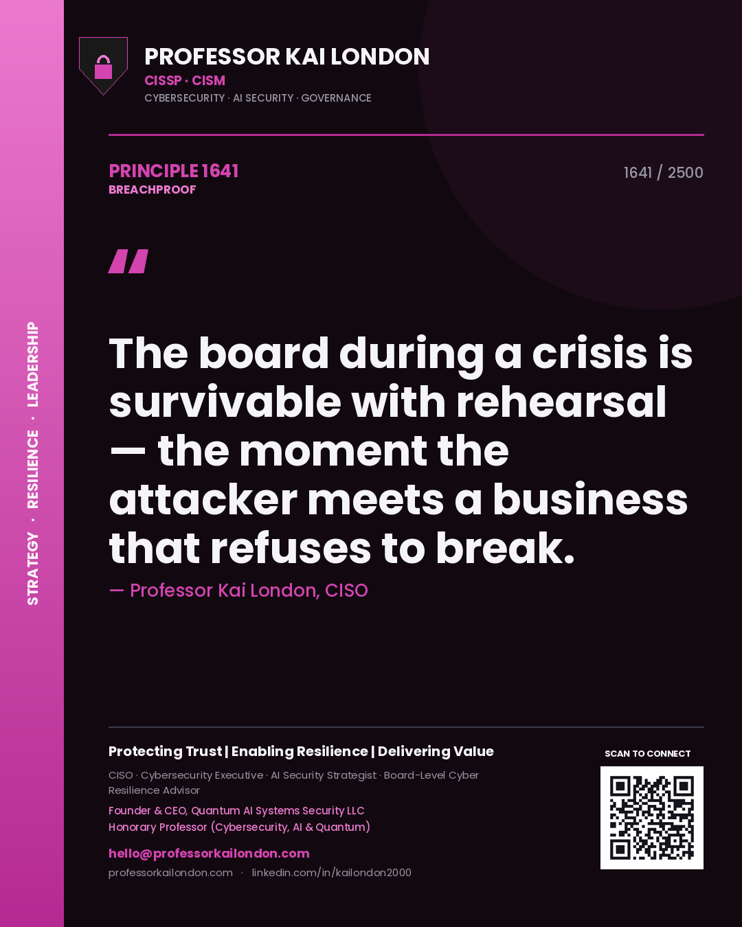 Quote card by Professor Kai London reading 'The board during a crisis is survivable with rehearsal — the moment the attacker meets a business that refuses to break.'. From the book Breachproof.