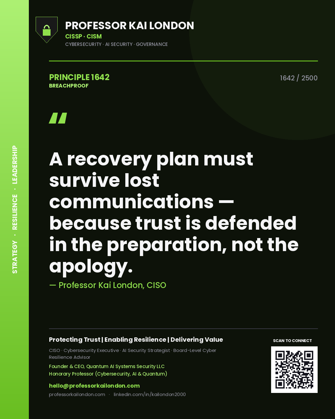 Quote card by Professor Kai London reading 'A recovery plan must survive lost communications — because trust is defended in the preparation, not the apology.'. From the book Breachproof.