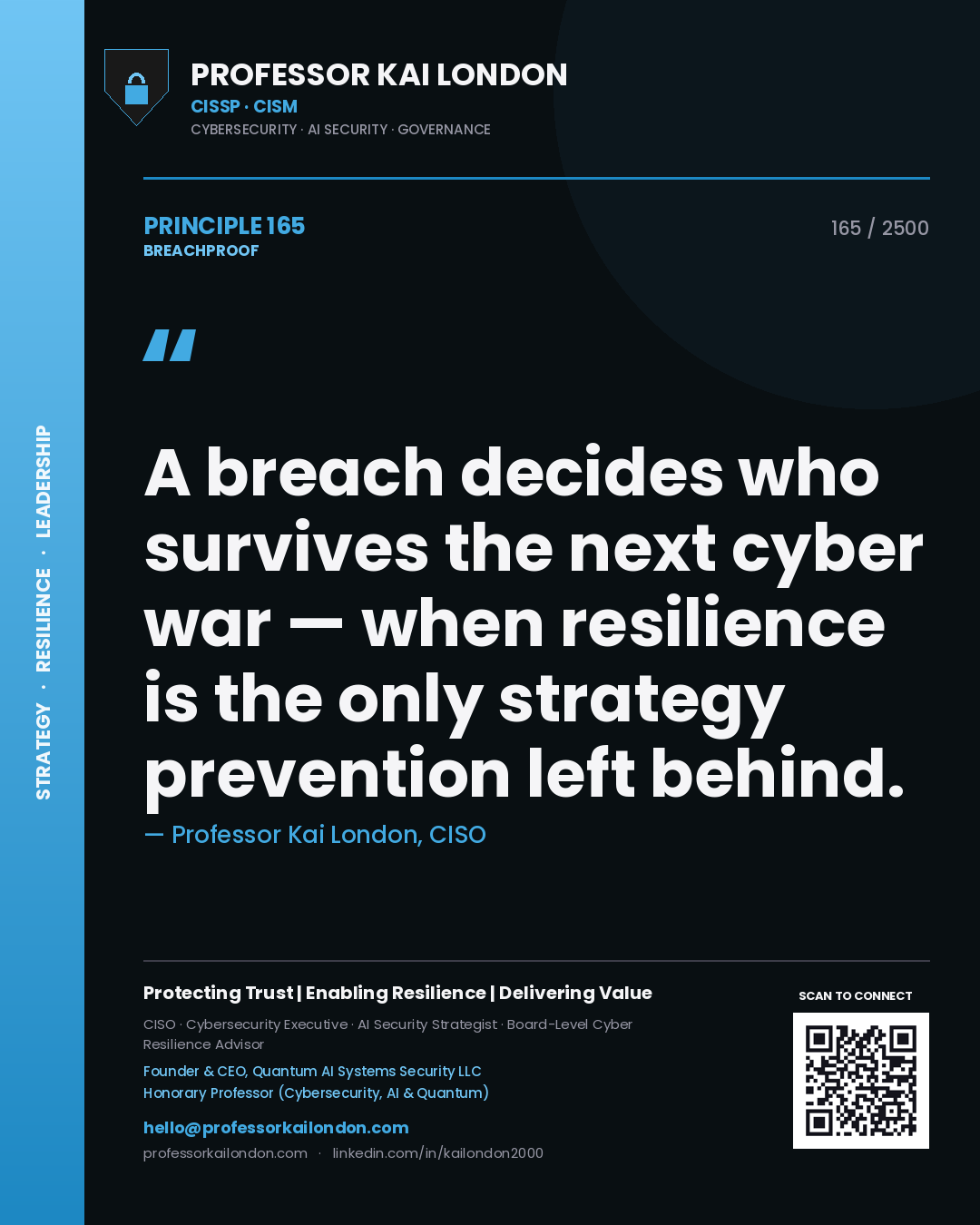 Quote card by Professor Kai London reading 'A breach decides who survives the next cyber war — when resilience is the only strategy prevention left behind.'. From the book Breachproof.