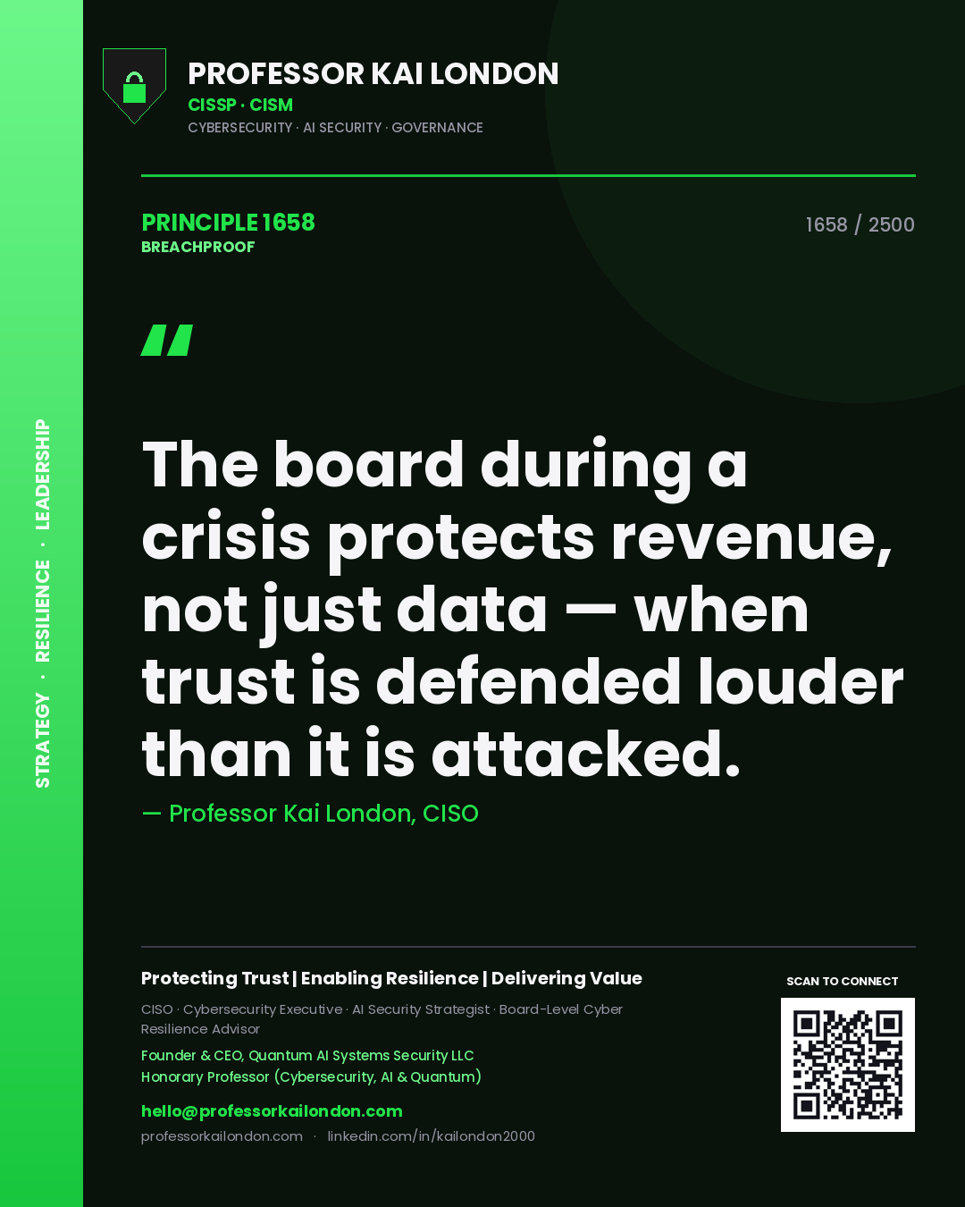 Quote card by Professor Kai London reading 'The board during a crisis protects revenue, not just data — when trust is defended louder than it is attacked.'. From the book Breachproof.
