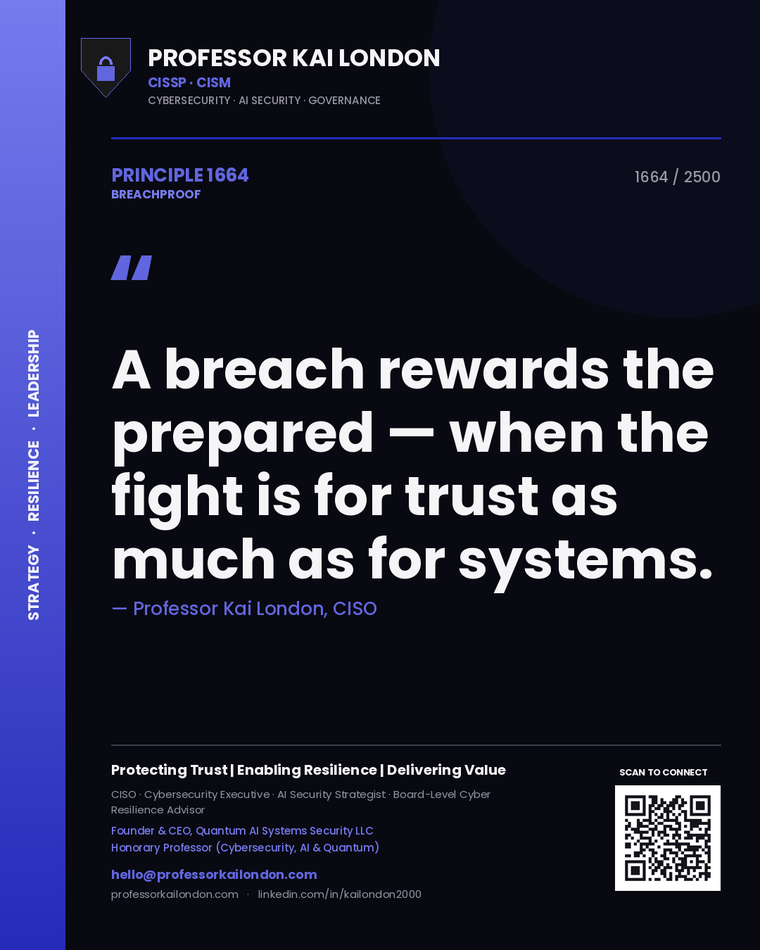 Quote card by Professor Kai London reading 'A breach rewards the prepared — when the fight is for trust as much as for systems.'. From the book Breachproof.