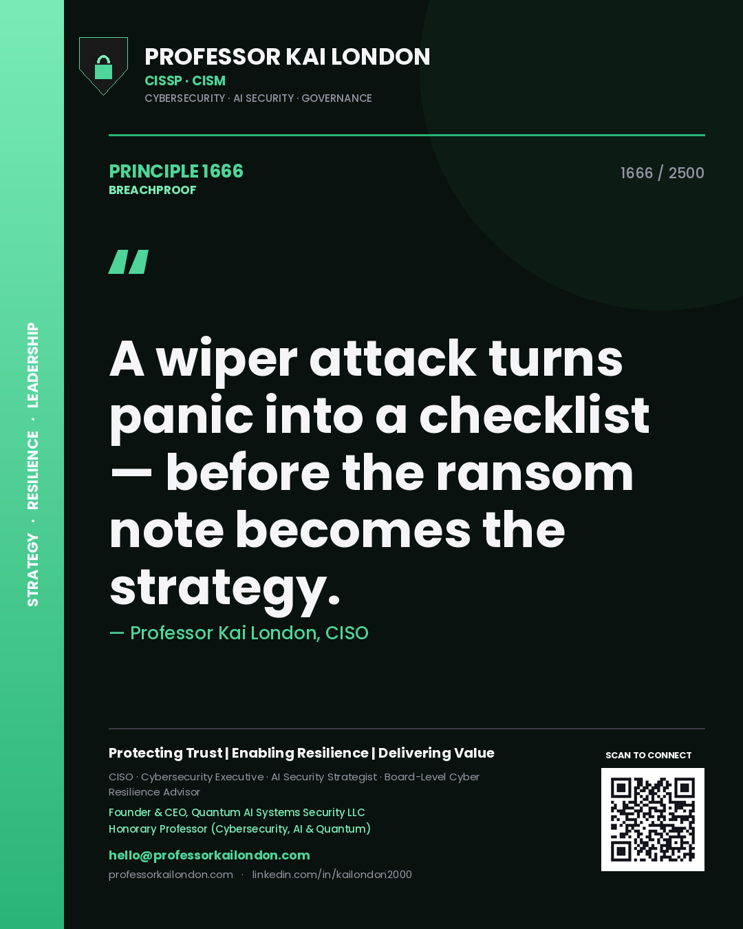 Quote card by Professor Kai London reading 'A wiper attack turns panic into a checklist — before the ransom note becomes the strategy.'. From the book Breachproof.