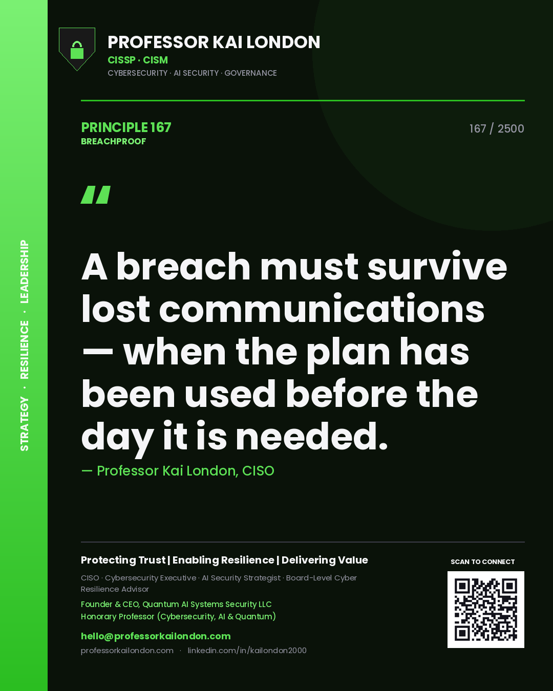 Professor Kai London principle 167: A breach must survive lost communications — when the plan has been used before the day it is needed.