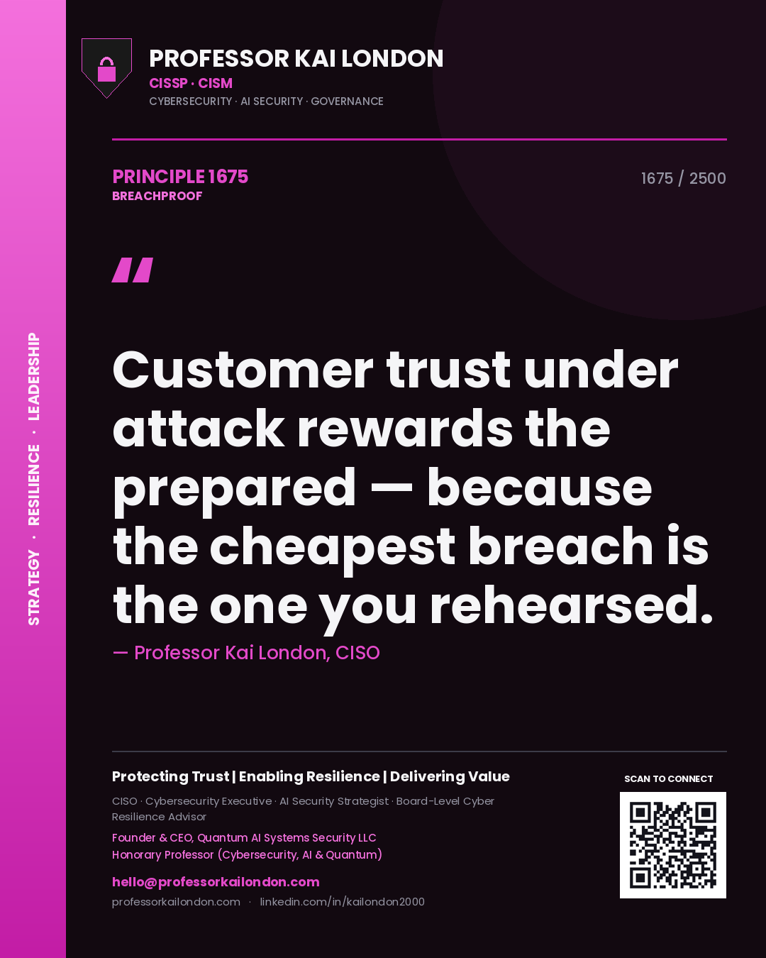 Quote card by Professor Kai London reading 'Customer trust under attack rewards the prepared — because the cheapest breach is the one you rehearsed.'. From the book Breachproof.