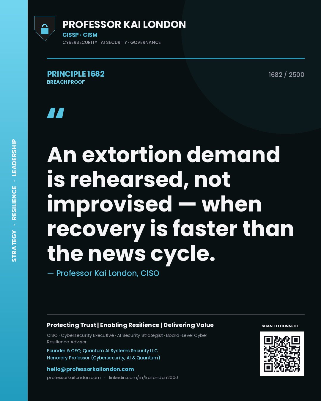 Quote card by Professor Kai London reading 'An extortion demand is rehearsed, not improvised — when recovery is faster than the news cycle.'. From the book Breachproof.