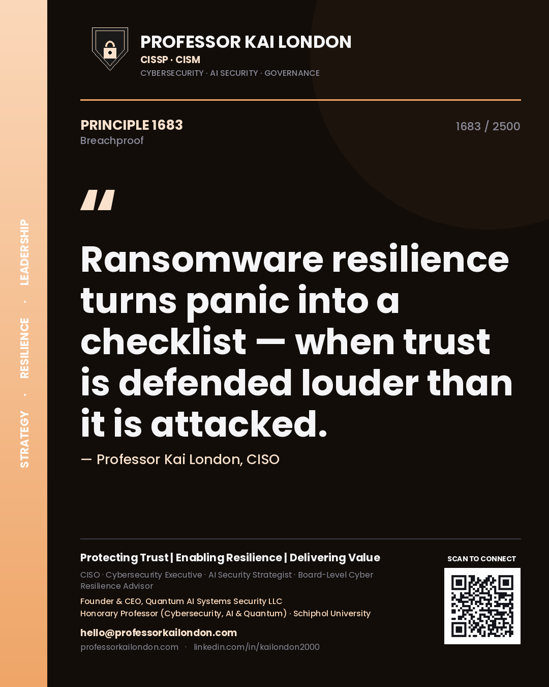 Quote card by Professor Kai London reading 'Ransomware resilience turns panic into a checklist — when trust is defended louder than it is attacked.'. From the book Breachproof.