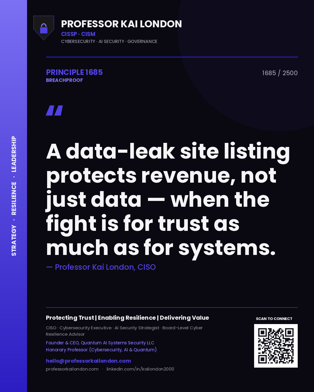 Quote card by Professor Kai London reading 'A data-leak site listing protects revenue, not just data — when the fight is for trust as much as for systems.'. From the book Breachproof.