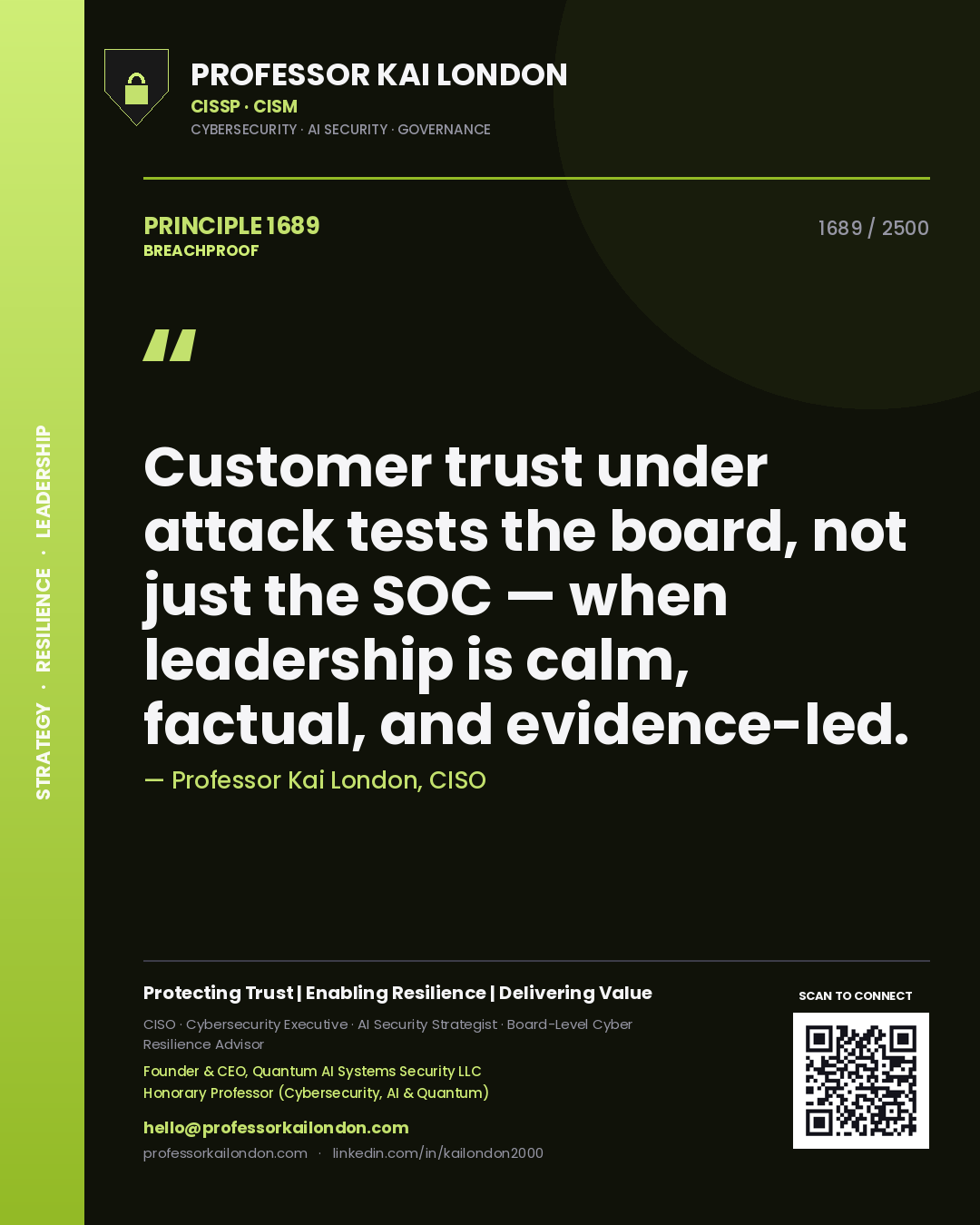 Quote card by Professor Kai London reading 'Customer trust under attack tests the board, not just the SOC — when leadership is calm, factual, and evidence-led.'. From the book Breachproof.