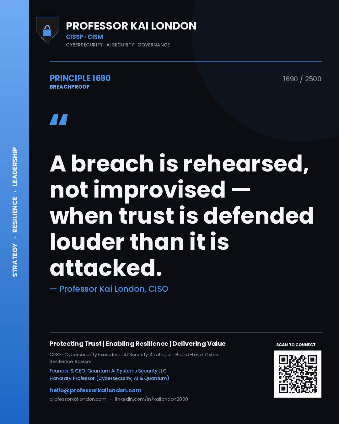 Quote card by Professor Kai London reading 'A breach is rehearsed, not improvised — when trust is defended louder than it is attacked.'. From the book Breachproof.