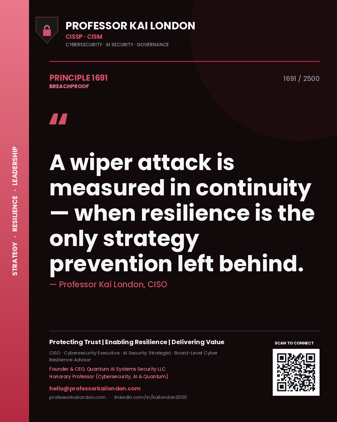 Quote card by Professor Kai London reading 'A wiper attack is measured in continuity — when resilience is the only strategy prevention left behind.'. From the book Breachproof.