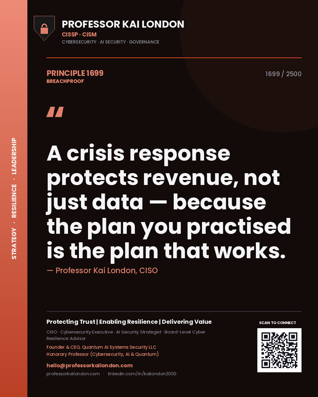 Quote card by Professor Kai London reading 'A crisis response protects revenue, not just data — because the plan you practised is the plan that works.'. From the book Breachproof.