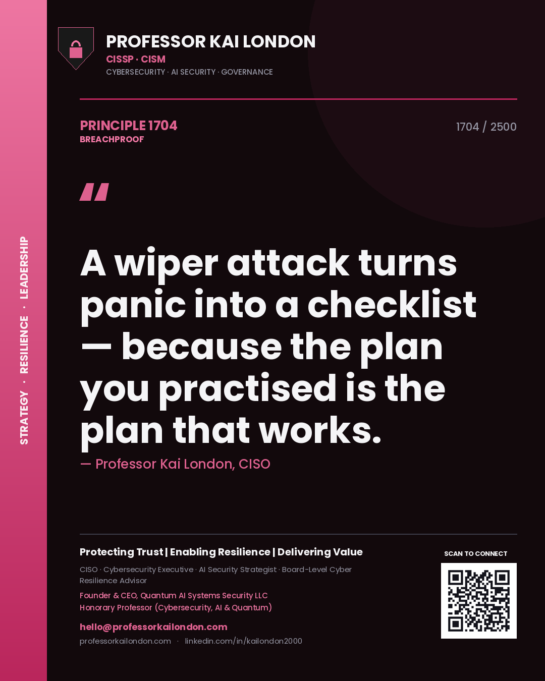 Quote card by Professor Kai London reading 'A wiper attack turns panic into a checklist — because the plan you practised is the plan that works.'. From the book Breachproof.