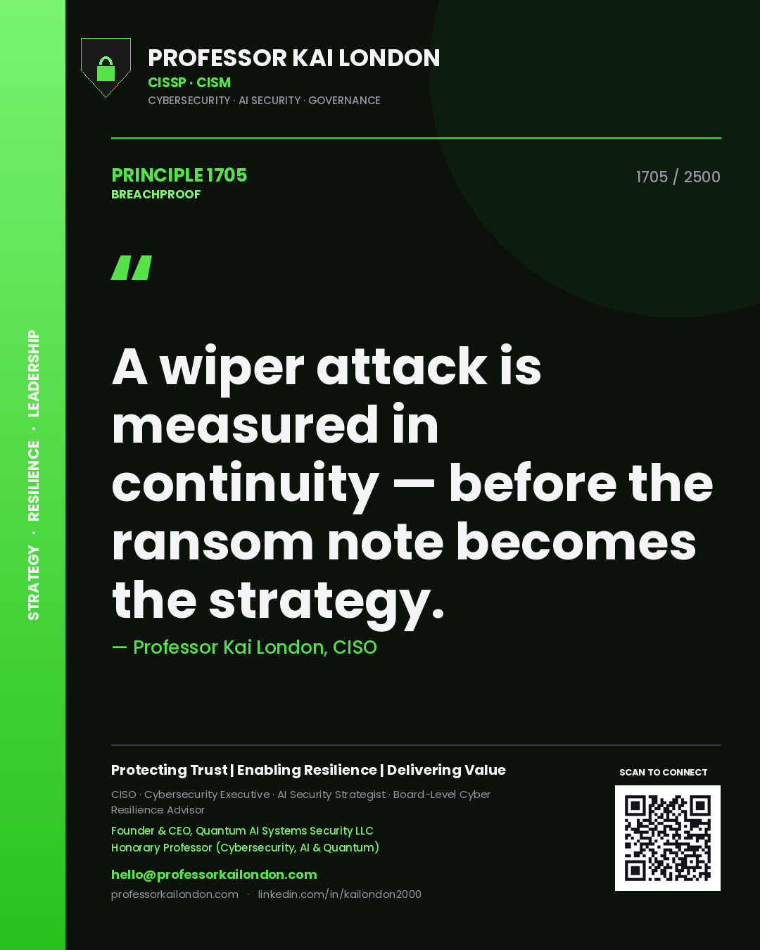 Quote card by Professor Kai London reading 'A wiper attack is measured in continuity — before the ransom note becomes the strategy.'. From the book Breachproof.