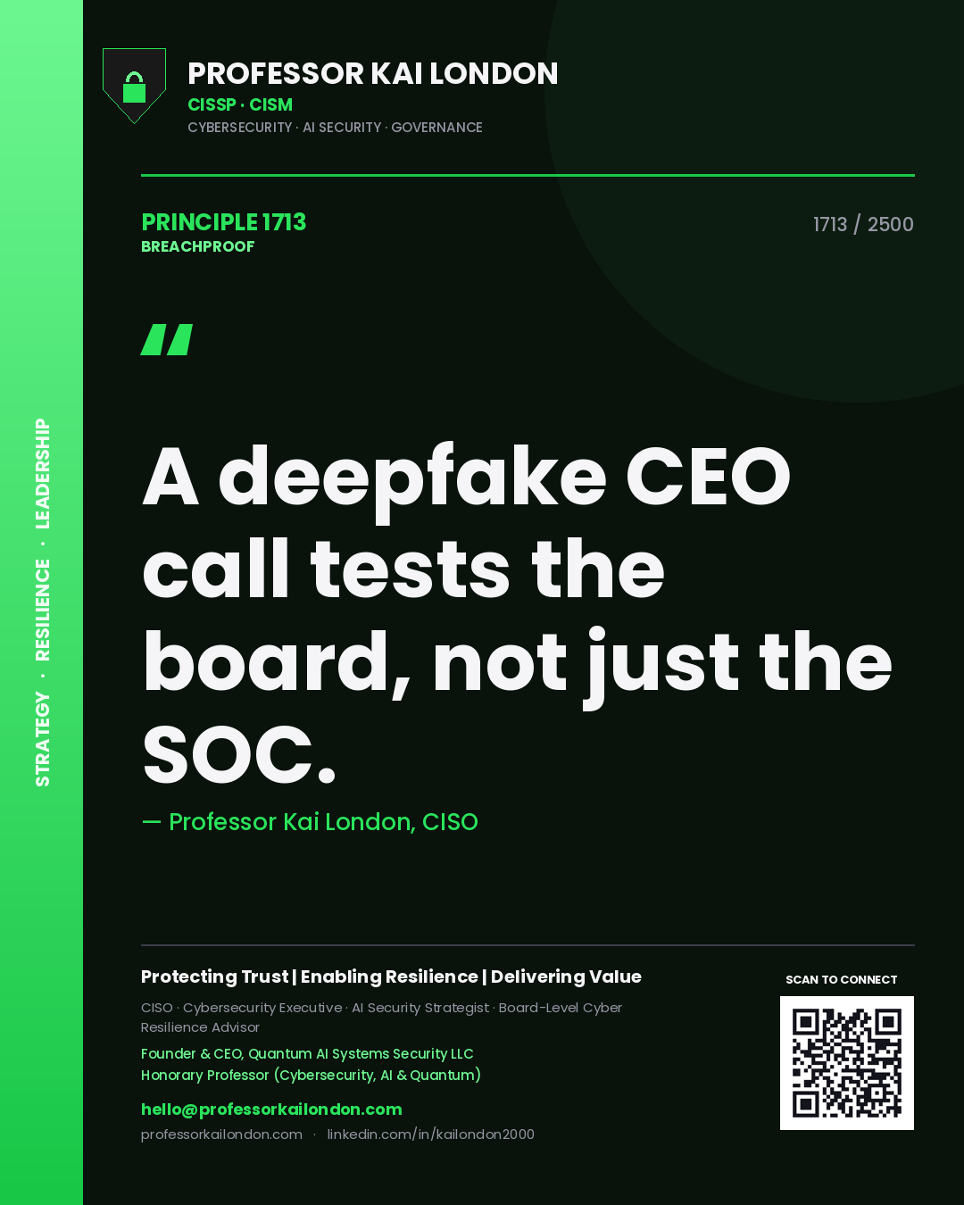 Quote card by Professor Kai London reading 'A deepfake CEO call tests the board, not just the SOC.'. From the book Breachproof.