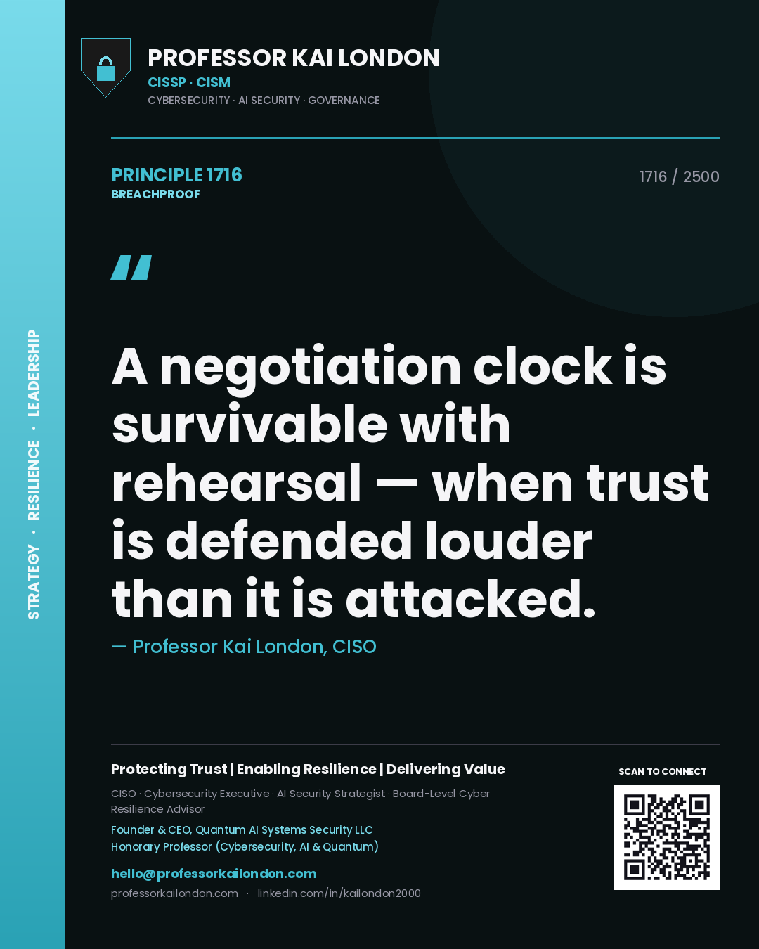 Quote card by Professor Kai London reading 'A negotiation clock is survivable with rehearsal — when trust is defended louder than it is attacked.'. From the book Breachproof.