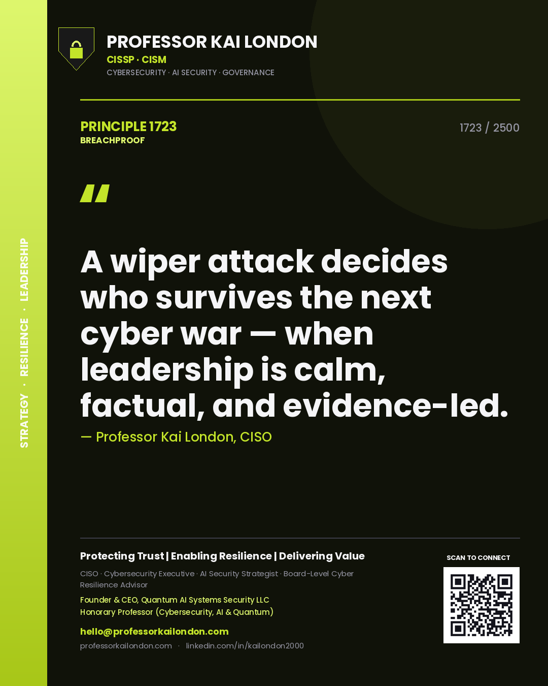 Quote card by Professor Kai London reading 'A wiper attack decides who survives the next cyber war — when leadership is calm, factual, and evidence-led.'. From the book Breachproof.
