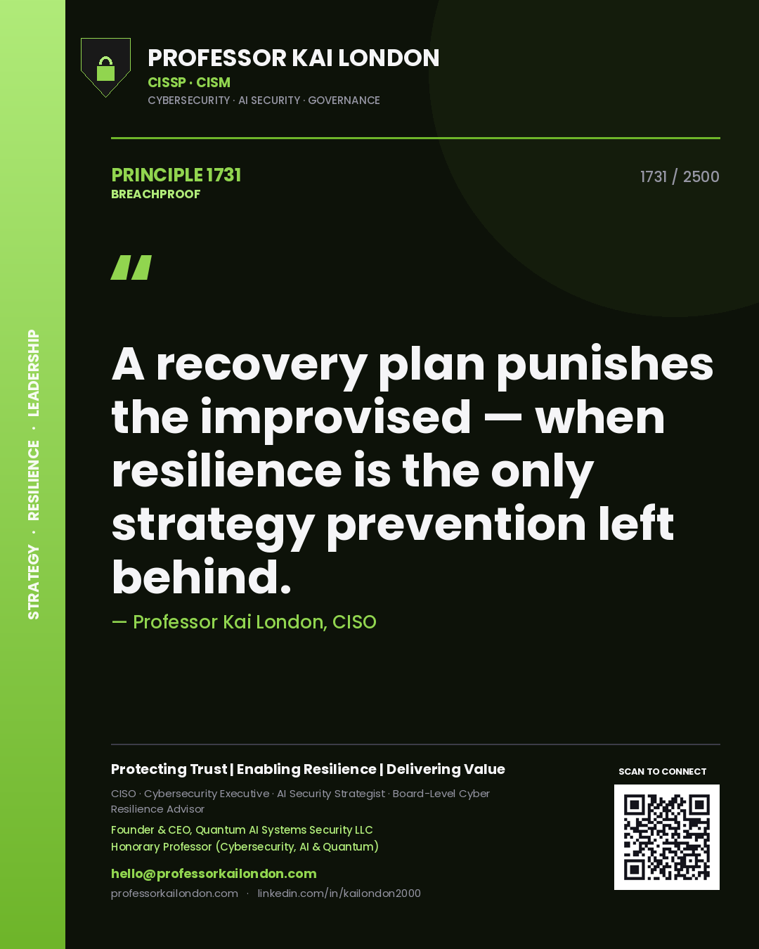 Professor Kai London principle 1731: A recovery plan punishes the improvised — when resilience is the only strategy prevention left behind.