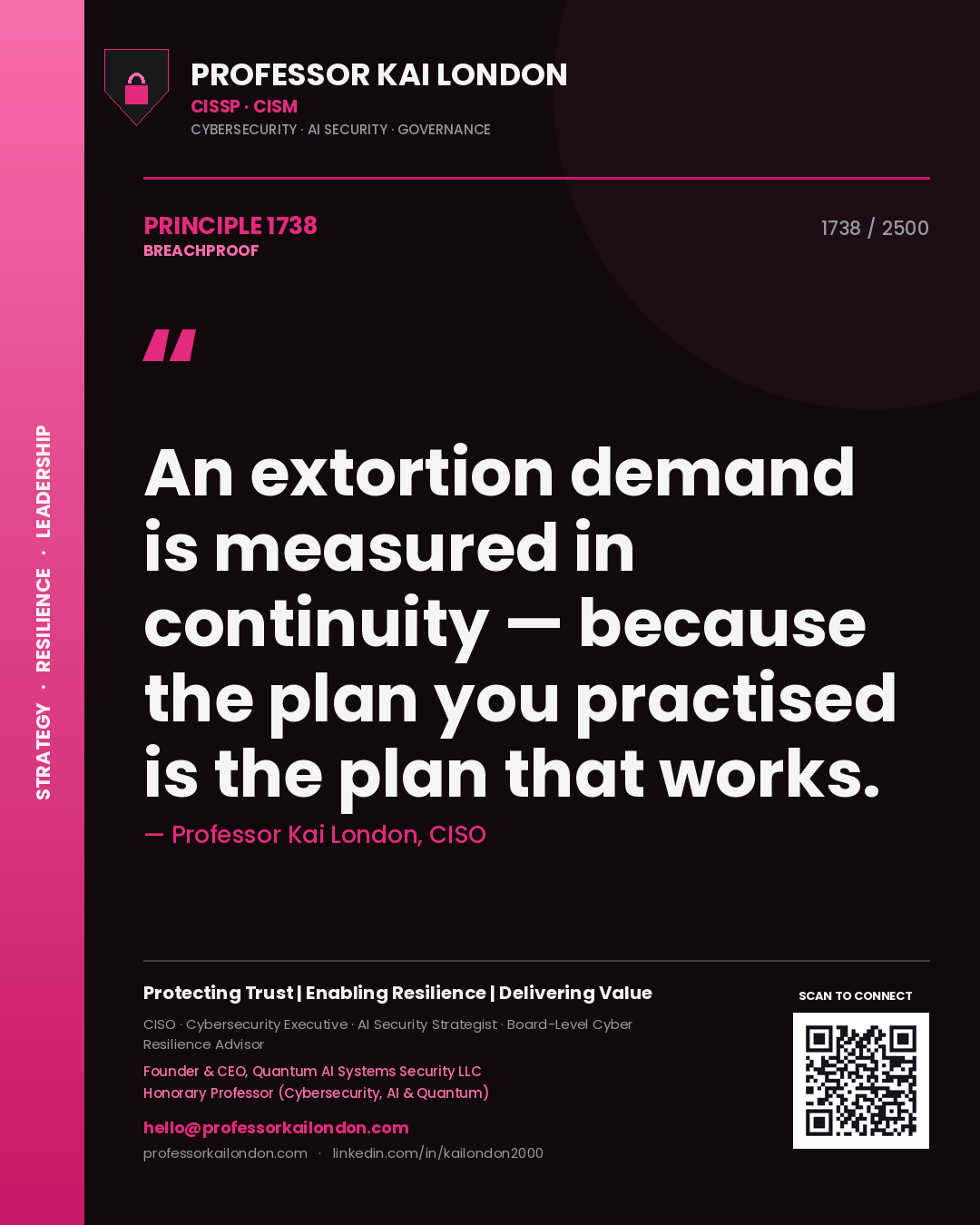 Quote card by Professor Kai London reading 'An extortion demand is measured in continuity — because the plan you practised is the plan that works.'. From the book Breachproof.