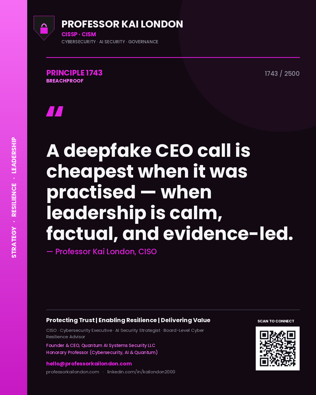 Quote card by Professor Kai London reading 'A deepfake CEO call is cheapest when it was practised — when leadership is calm, factual, and evidence-led.'. From the book Breachproof.
