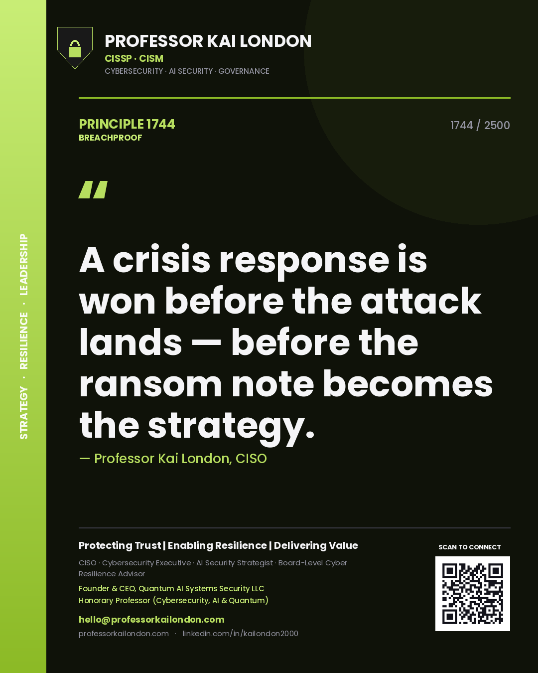 Quote card by Professor Kai London reading 'A crisis response is won before the attack lands — before the ransom note becomes the strategy.'. From the book Breachproof.
