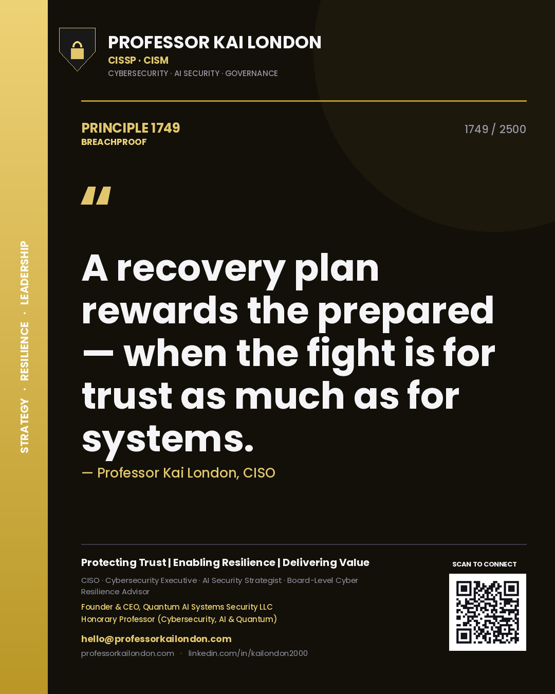 Quote card by Professor Kai London reading 'A recovery plan rewards the prepared — when the fight is for trust as much as for systems.'. From the book Breachproof.