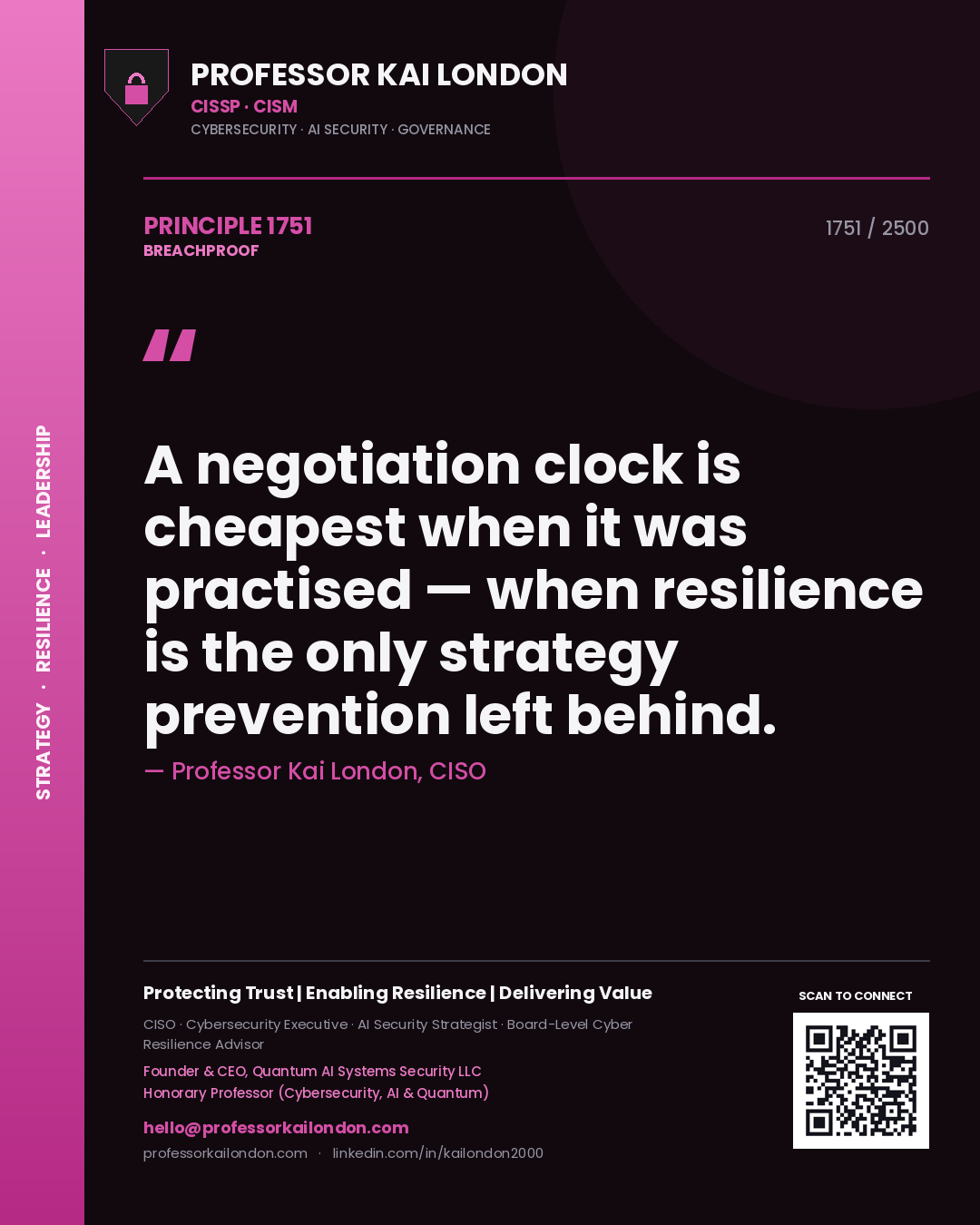 Quote card by Professor Kai London reading 'A negotiation clock is cheapest when it was practised — when resilience is the only strategy prevention left behind.'. From the book Breachproof.