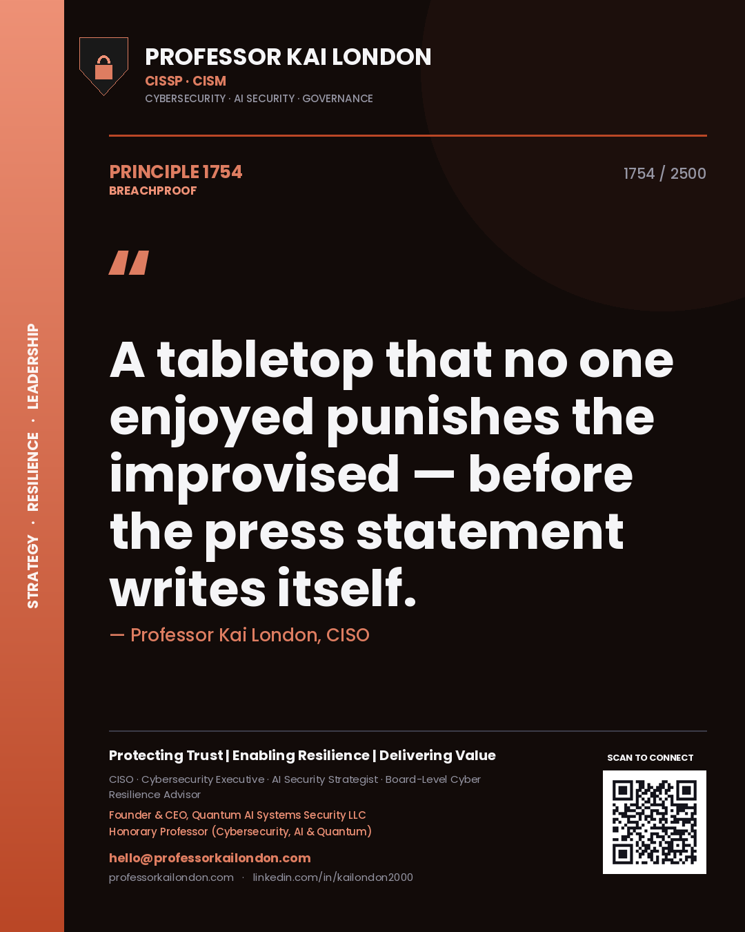 Quote card by Professor Kai London reading 'A tabletop that no one enjoyed punishes the improvised — before the press statement writes itself.'. From the book Breachproof.