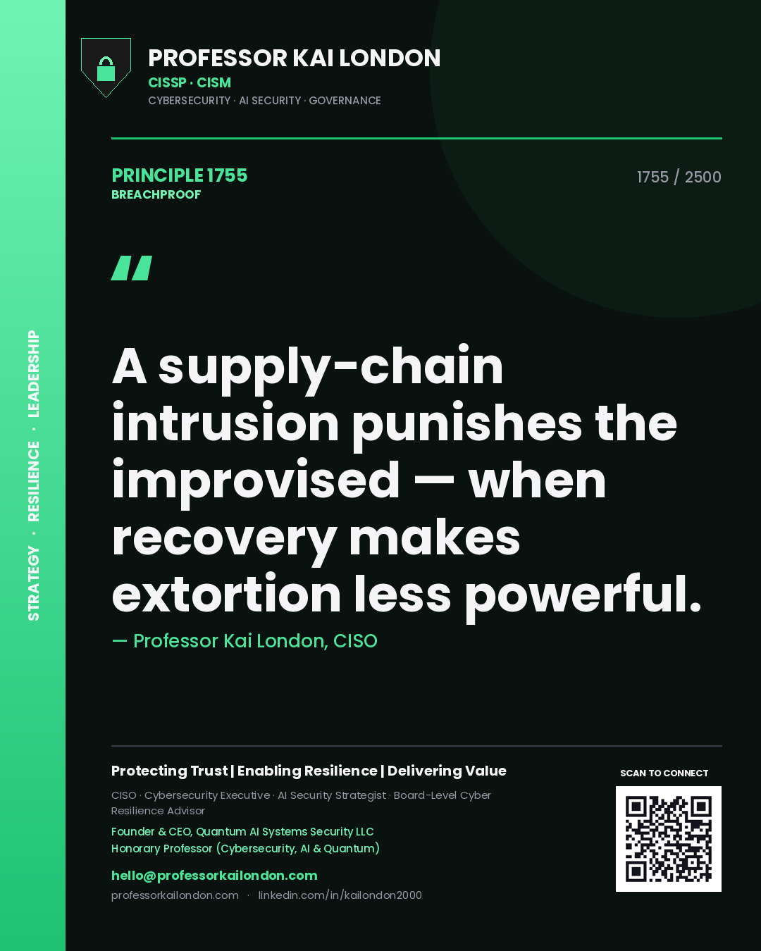 Quote card by Professor Kai London reading 'A supply-chain intrusion punishes the improvised — when recovery makes extortion less powerful.'. From the book Breachproof.