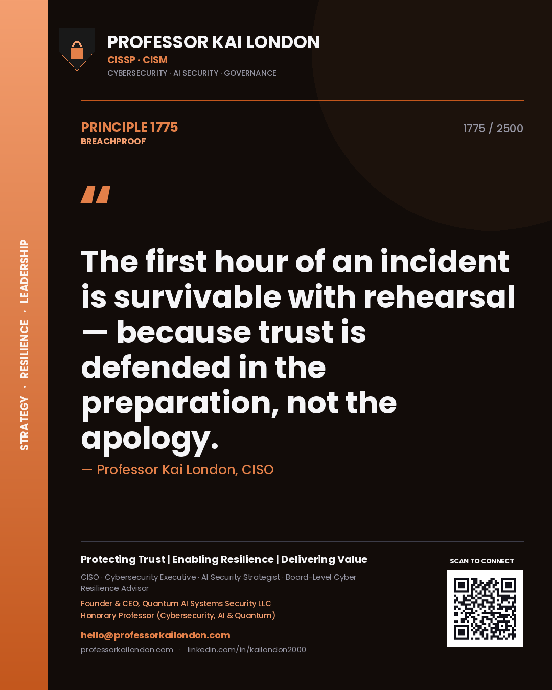 Quote card by Professor Kai London reading 'The first hour of an incident is survivable with rehearsal — because trust is defended in the preparation, not the apology.'. From the book Breachproof.