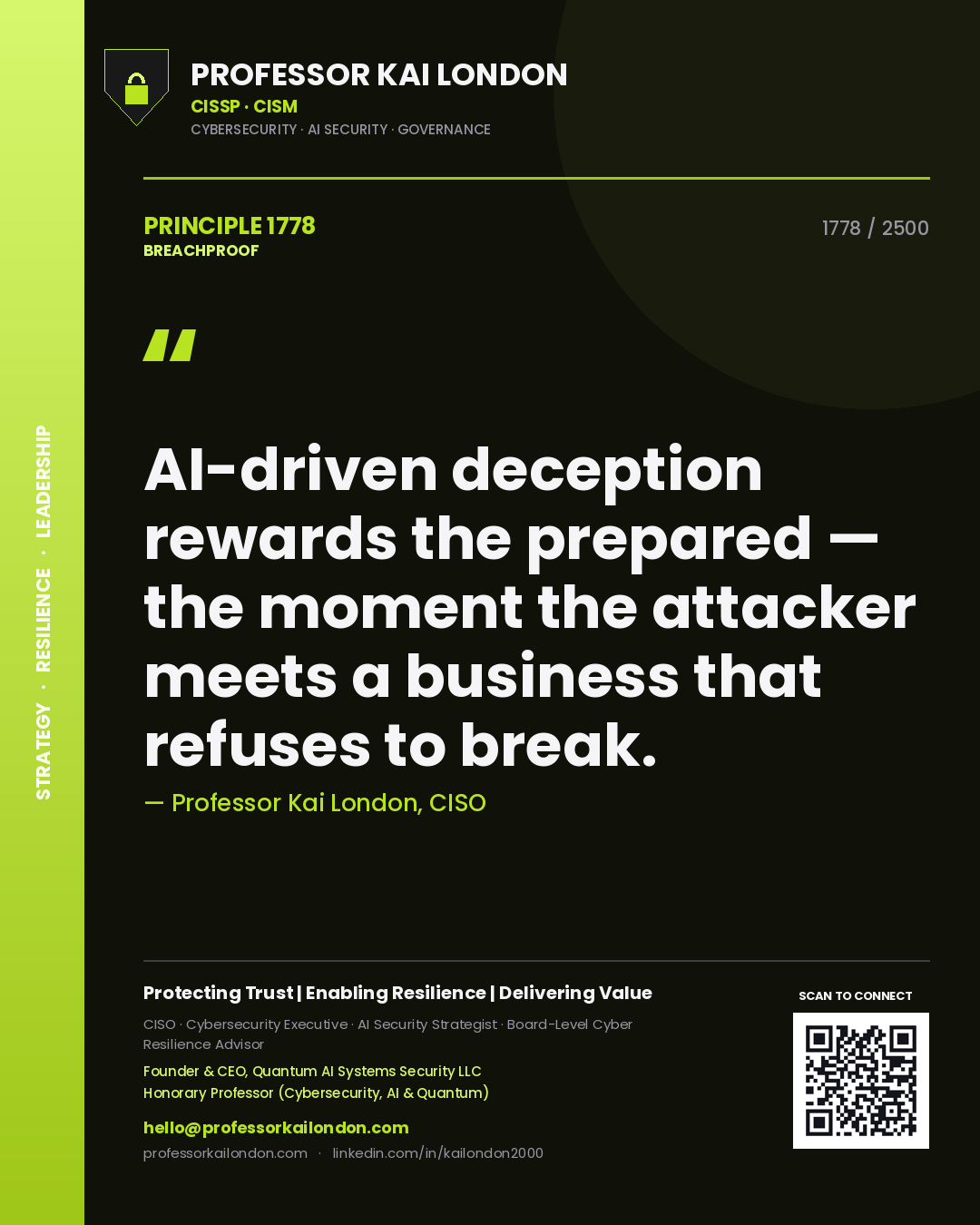 Quote card by Professor Kai London reading 'AI-driven deception rewards the prepared — the moment the attacker meets a business that refuses to break.'. From the book Breachproof.