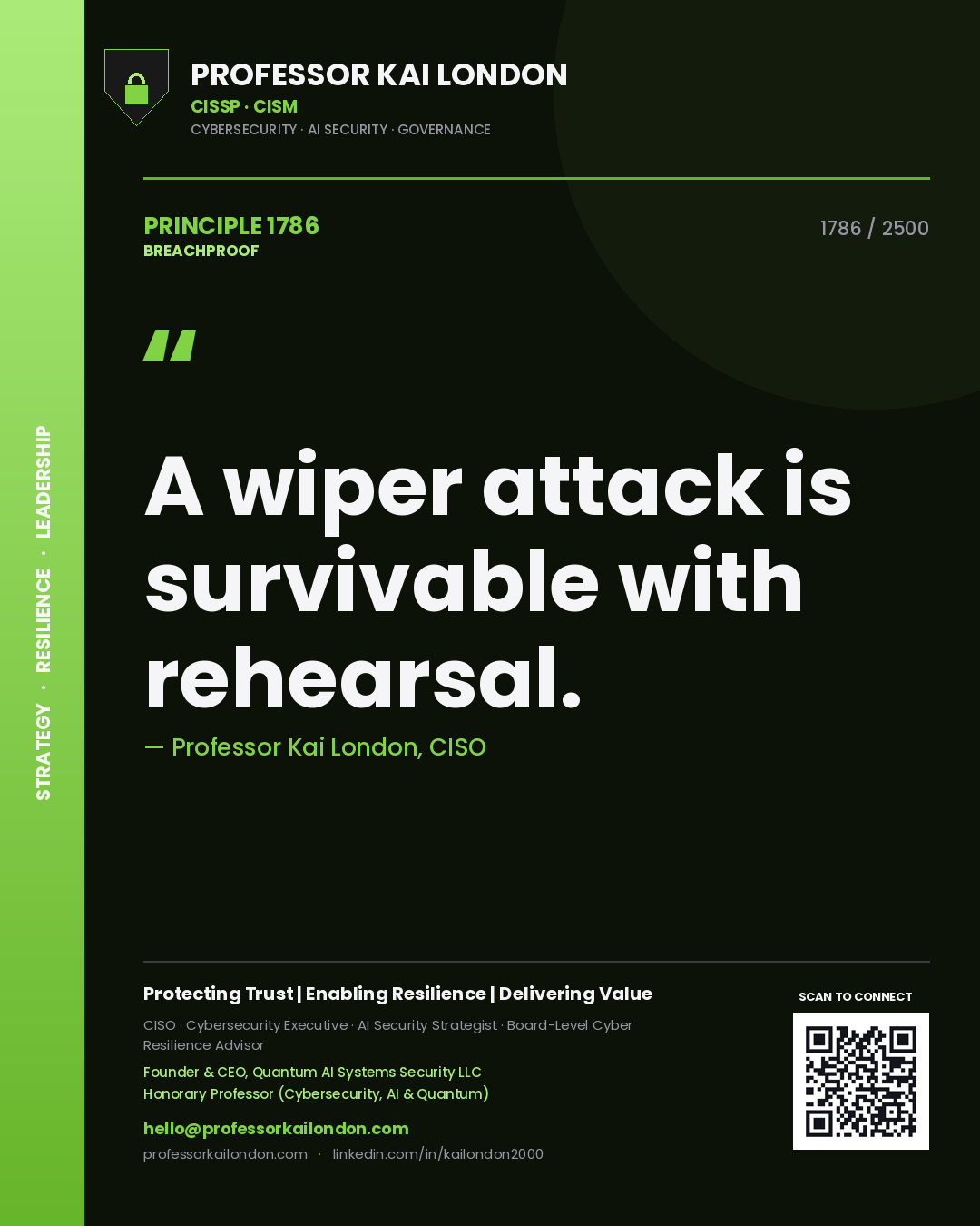 Quote card by Professor Kai London reading 'A wiper attack is survivable with rehearsal.'. From the book Breachproof.
