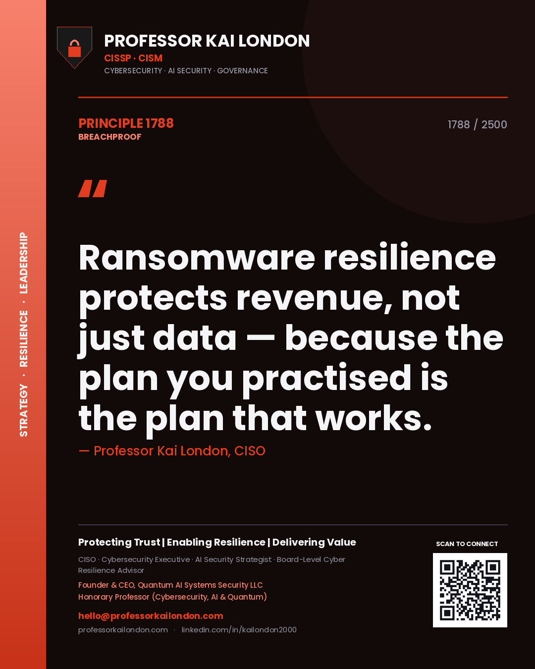 Quote card by Professor Kai London reading 'Ransomware resilience protects revenue, not just data — because the plan you practised is the plan that works.'. From the book Breachproof.