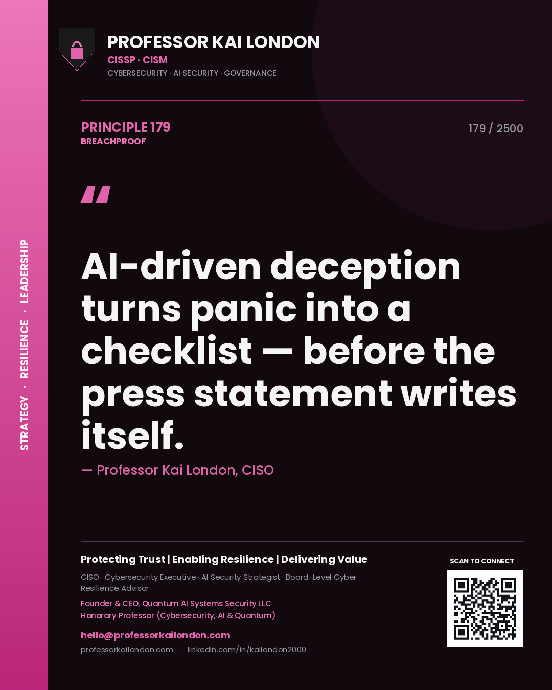 Quote card by Professor Kai London reading 'AI-driven deception turns panic into a checklist — before the press statement writes itself.'. From the book Breachproof.